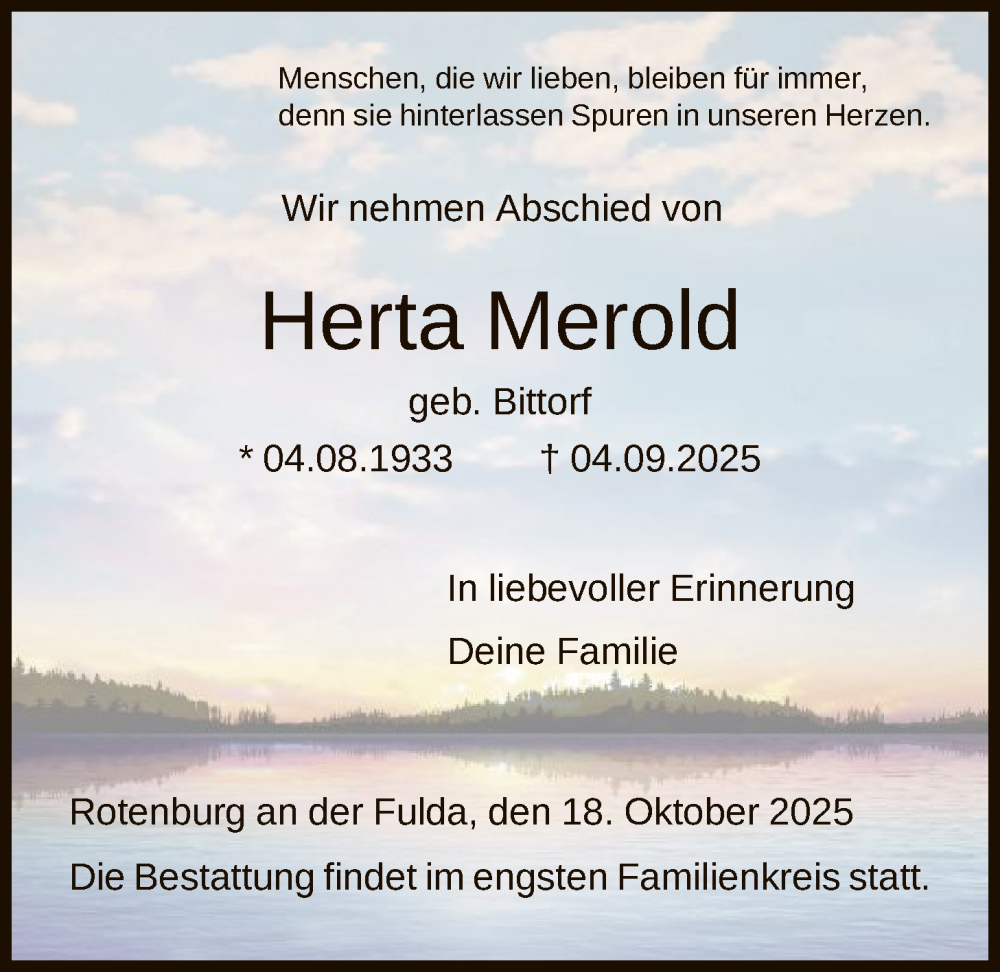  Traueranzeige für Herta Merold vom 18.10.2025 aus HNAHN