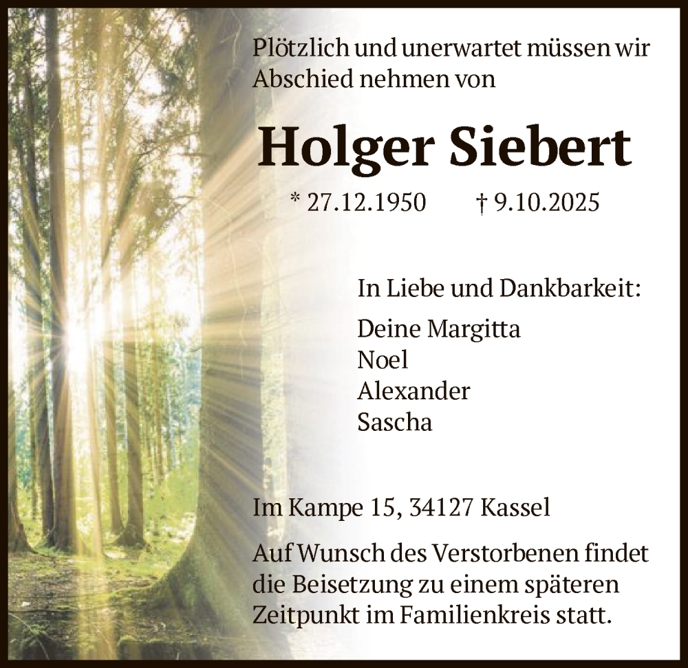  Traueranzeige für Holger Siebert vom 18.10.2025 aus HNA