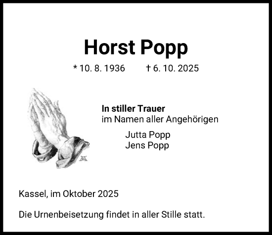 Traueranzeige von Horst Popp von HNA
