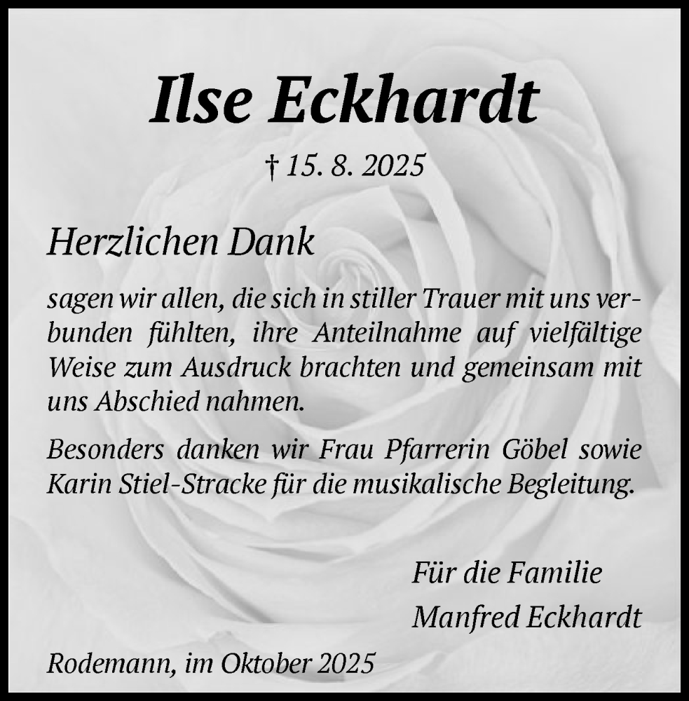  Traueranzeige für Ilse Eckhardt vom 04.10.2025 aus HNAHNA