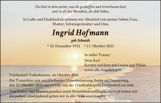 Traueranzeige von Ingrid Hofmann von HNA