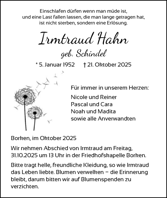 Traueranzeige von Irmtraud Hahn von HNA