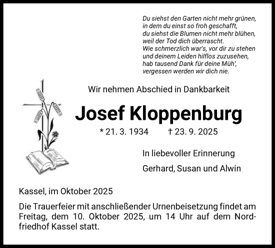 Traueranzeige von Josef Kloppenburg von HNA