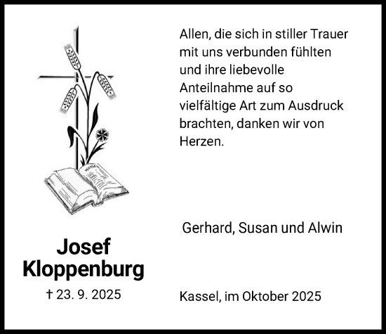 Traueranzeige von Josef Kloppenburg von HNA