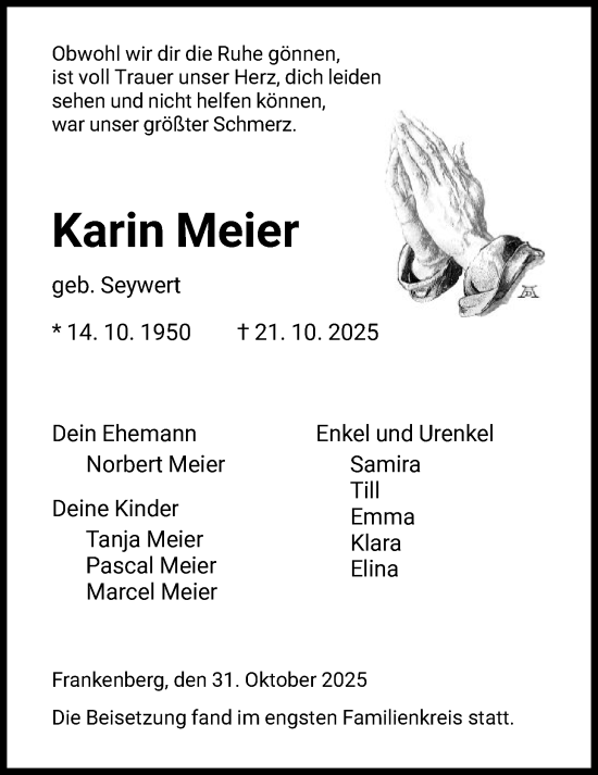 Traueranzeige von Karin Meier von HNA