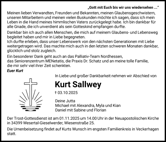 Traueranzeige von Kurt Sallwey von HNA