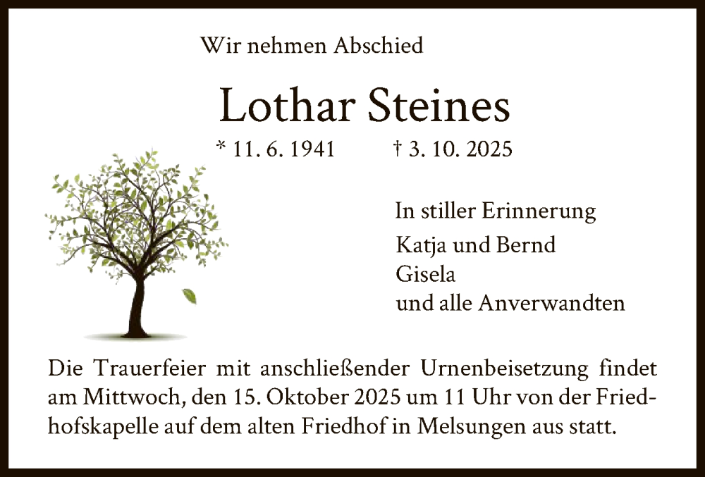  Traueranzeige für Lothar Steines vom 11.10.2025 aus HNA
