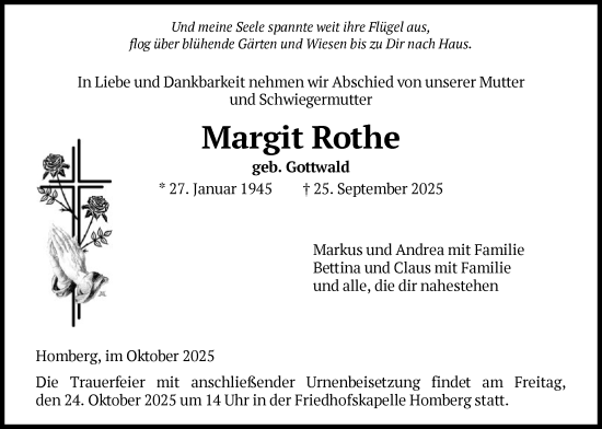Traueranzeige von Margit Rothe von HNA