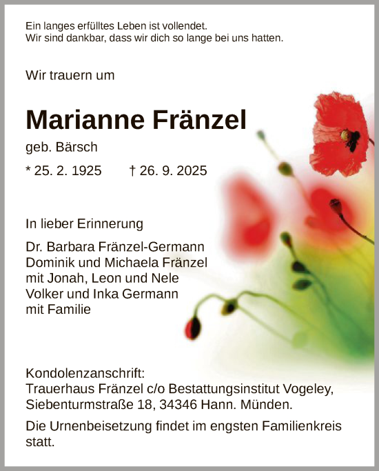Traueranzeige von Marianne Fränzel von HNA