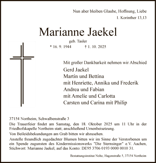 Traueranzeige von Marianne Jaekel von HNA