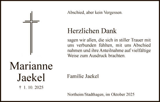 Traueranzeige von Marianne Jaekel von HNA