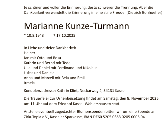 Traueranzeige von Marianne Kunze-Turmann von HNA