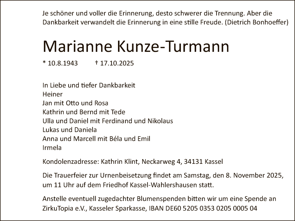  Traueranzeige für Marianne Kunze-Turmann vom 25.10.2025 aus HNA