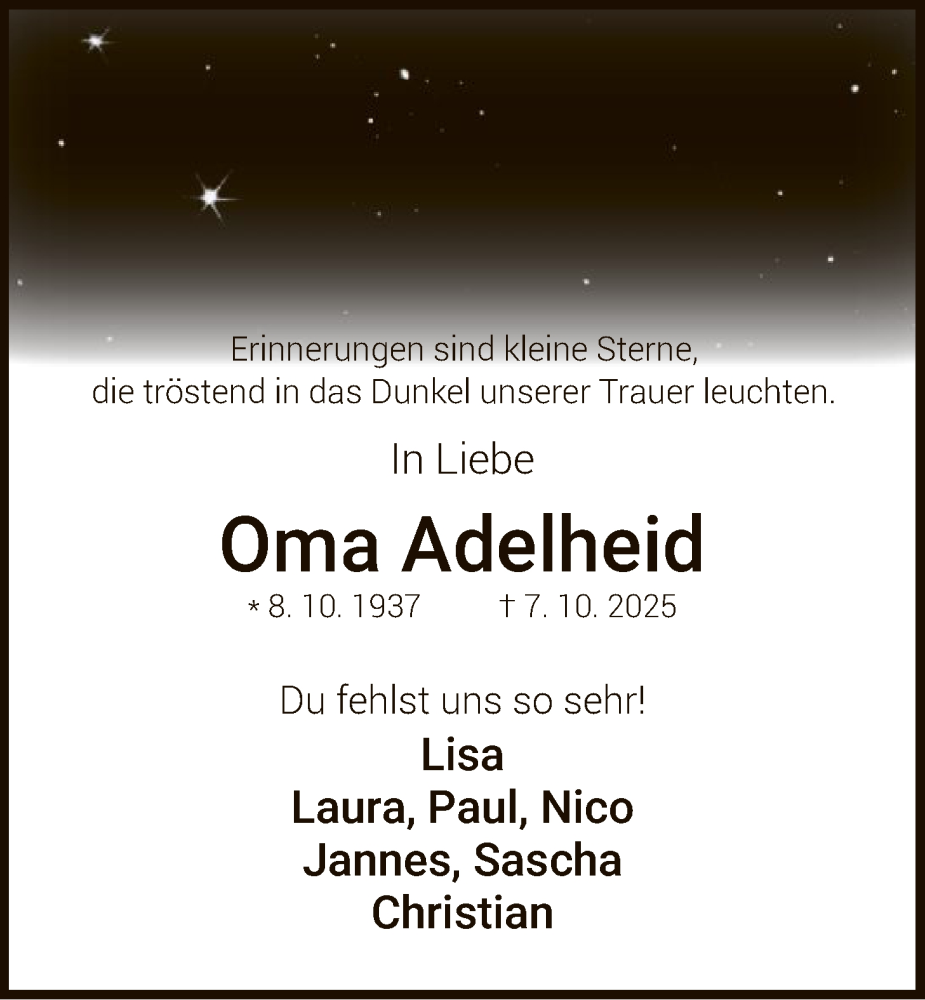  Traueranzeige für Oma Adelheid vom 18.10.2025 aus HNA