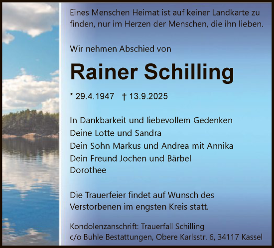 Traueranzeige von Rainer Schilling von HNA