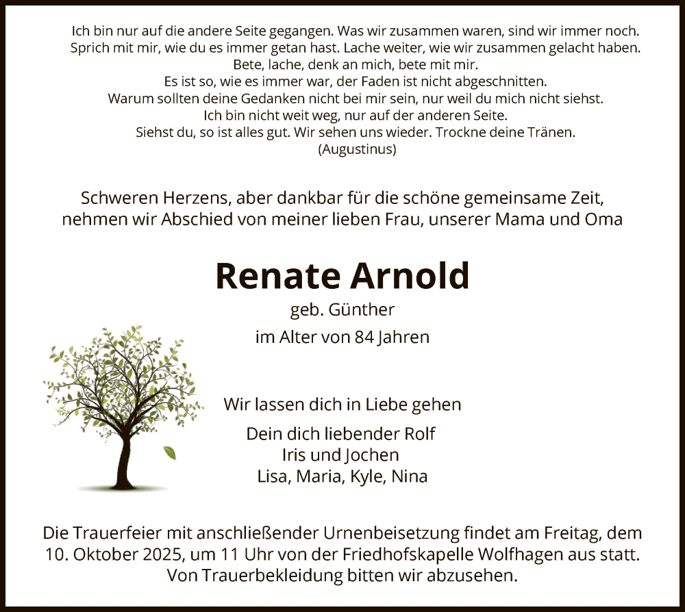  Traueranzeige für Renate Arnold vom 08.10.2025 aus HNA
