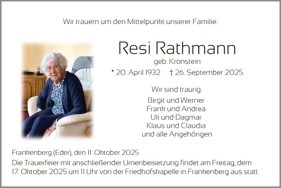Traueranzeige von Resi Rathmann von HNA