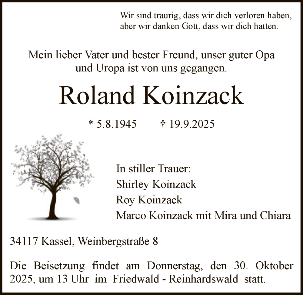  Traueranzeige für Roland Koinzack vom 18.10.2025 aus HNA