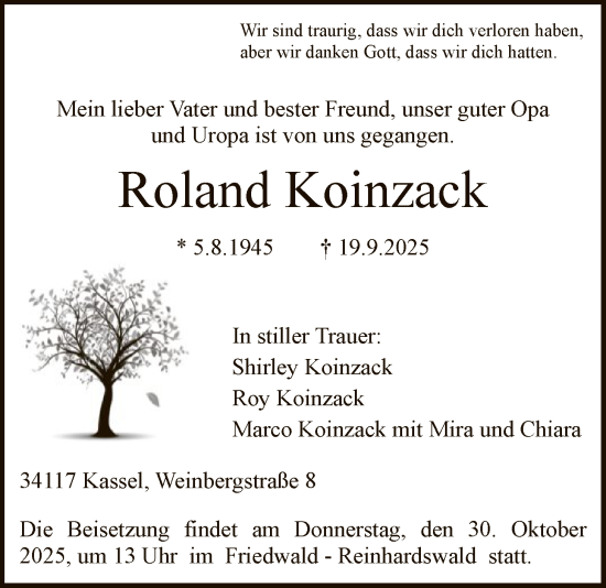 Traueranzeige von Roland Koinzack von HNA