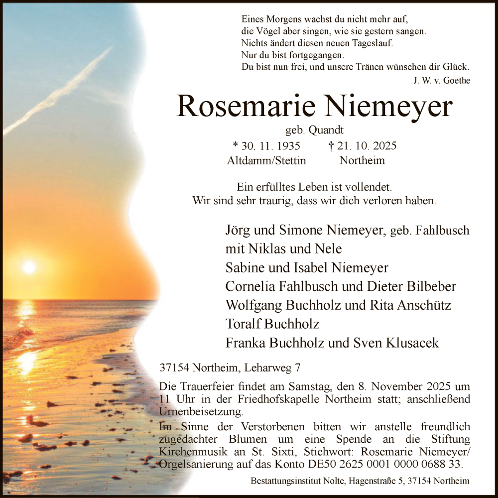  Traueranzeige für Rosemarie Niemeyer vom 25.10.2025 aus HNA
