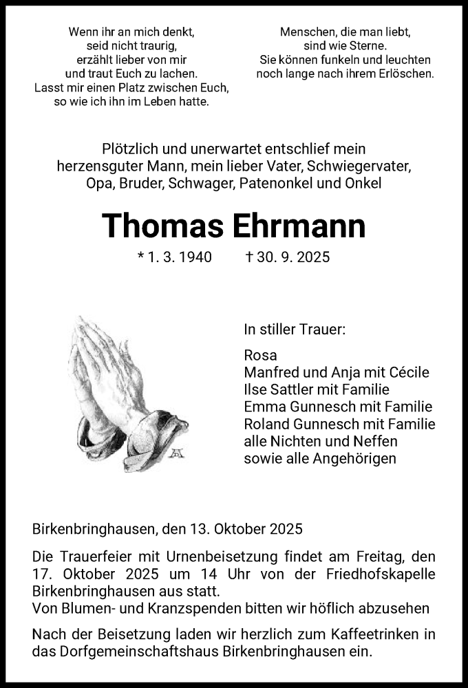  Traueranzeige für Thomas Ehrmann vom 13.10.2025 aus HNA