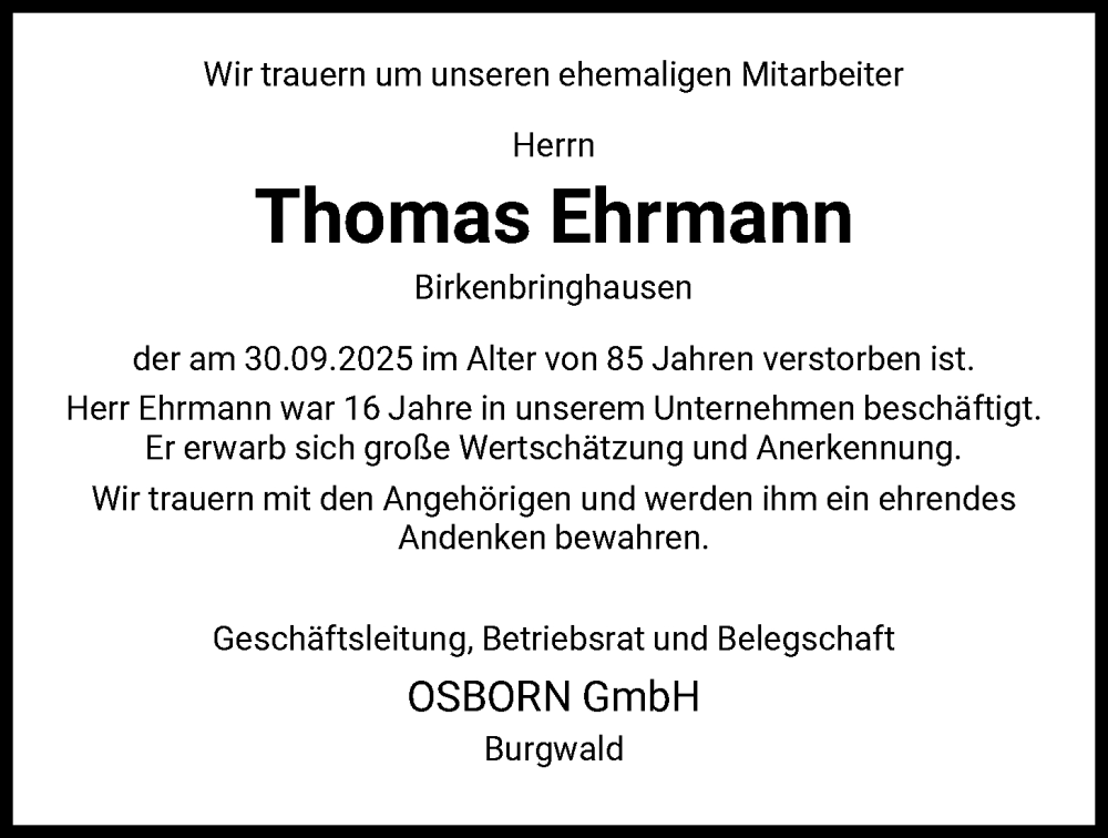  Traueranzeige für Thomas Ehrmann vom 15.10.2025 aus HNA
