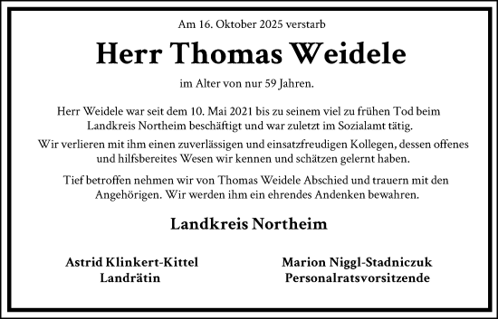 Traueranzeige von Thomas Weidele von HNA