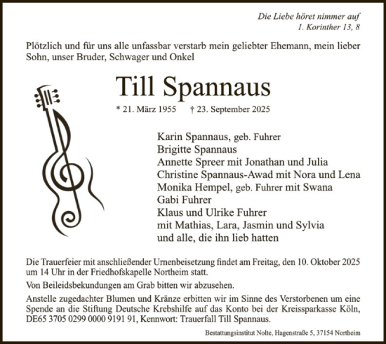 Traueranzeige von Till Spannaus von HNA