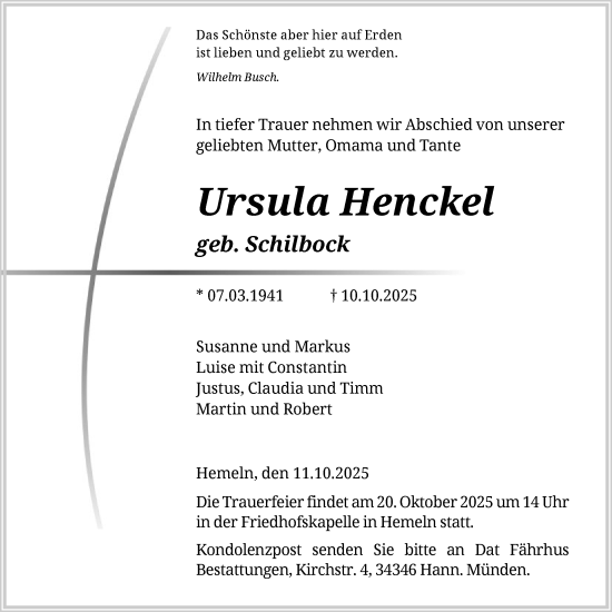 Traueranzeige von Ursula Henckel von HNA
