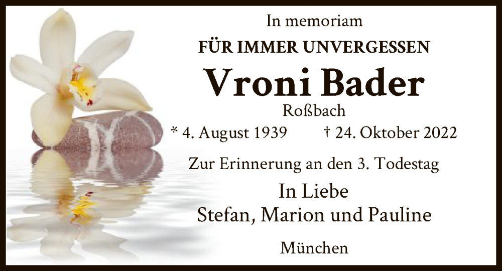  Traueranzeige für Vroni Bader vom 24.10.2025 aus HNA