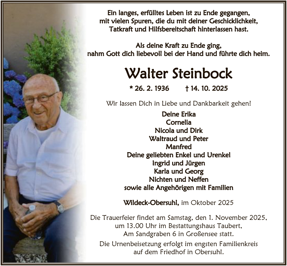  Traueranzeige für Walter Steinbock vom 25.10.2025 aus HNAHN