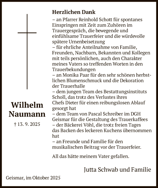 Traueranzeige von Wilhelm Naumann von HNA