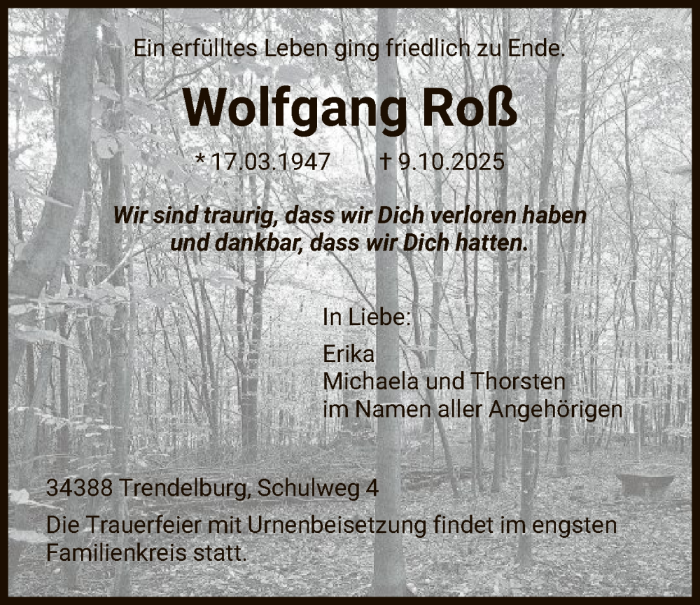  Traueranzeige für Wolfgang Roß vom 18.10.2025 aus HNA