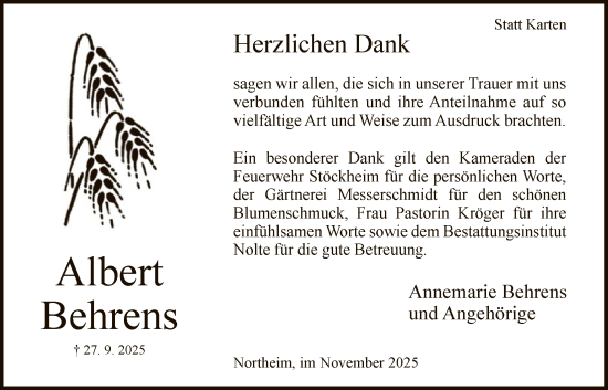 Traueranzeige von Albert Behrens von HNA