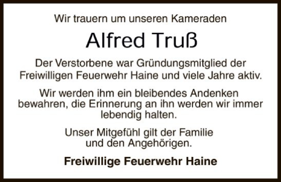 Traueranzeige von Alfred Truß von HNA