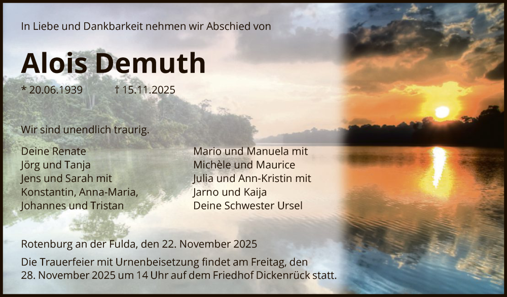  Traueranzeige für Alois Demuth vom 22.11.2025 aus HNA