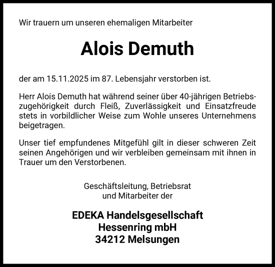 Traueranzeige von Alois Demuth von HNA
