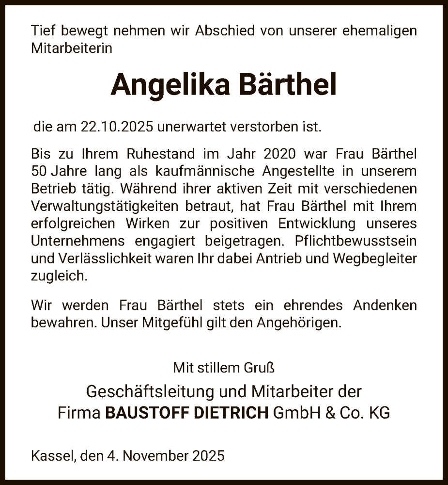  Traueranzeige für Angelika Bärthel vom 04.11.2025 aus HNA