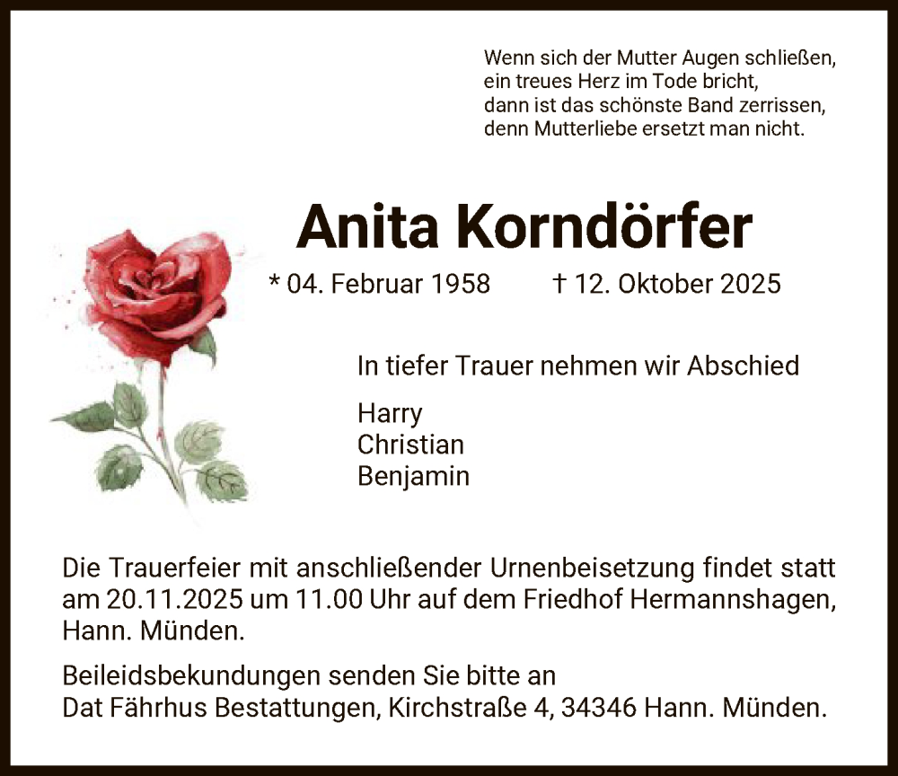  Traueranzeige für Anita Korndörfer vom 15.11.2025 aus HNA