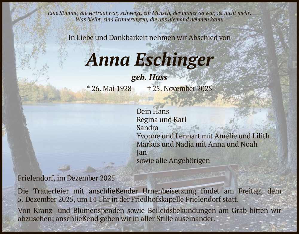  Traueranzeige für Anna Eschinger vom 29.11.2025 aus HNA