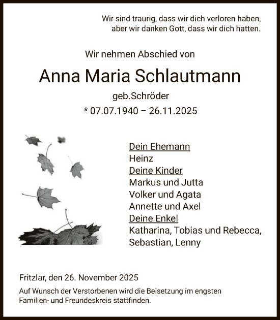 Traueranzeige von Anna Maria Schlautmann von HNA