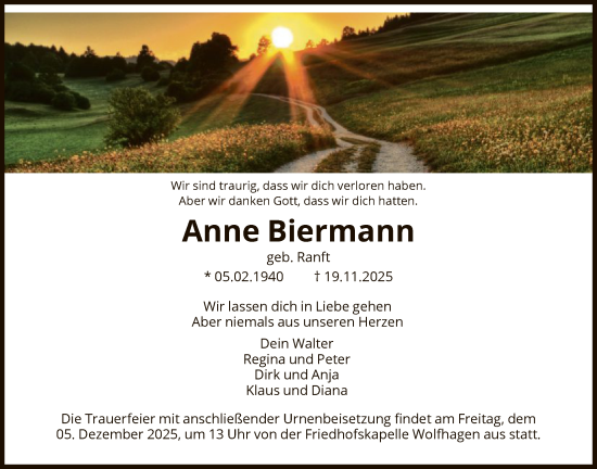 Traueranzeige von Anne Biermann von HNA