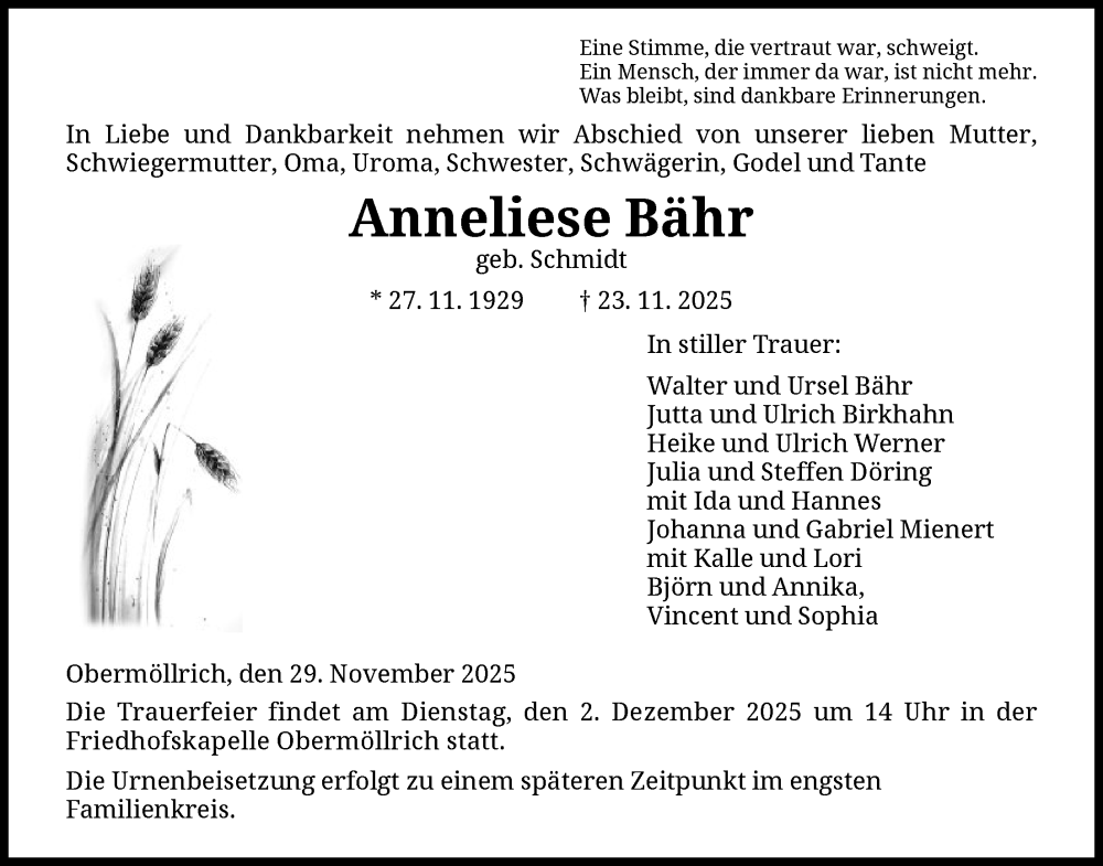 Traueranzeige für Anneliese Bähr vom 29.11.2025 aus HNA