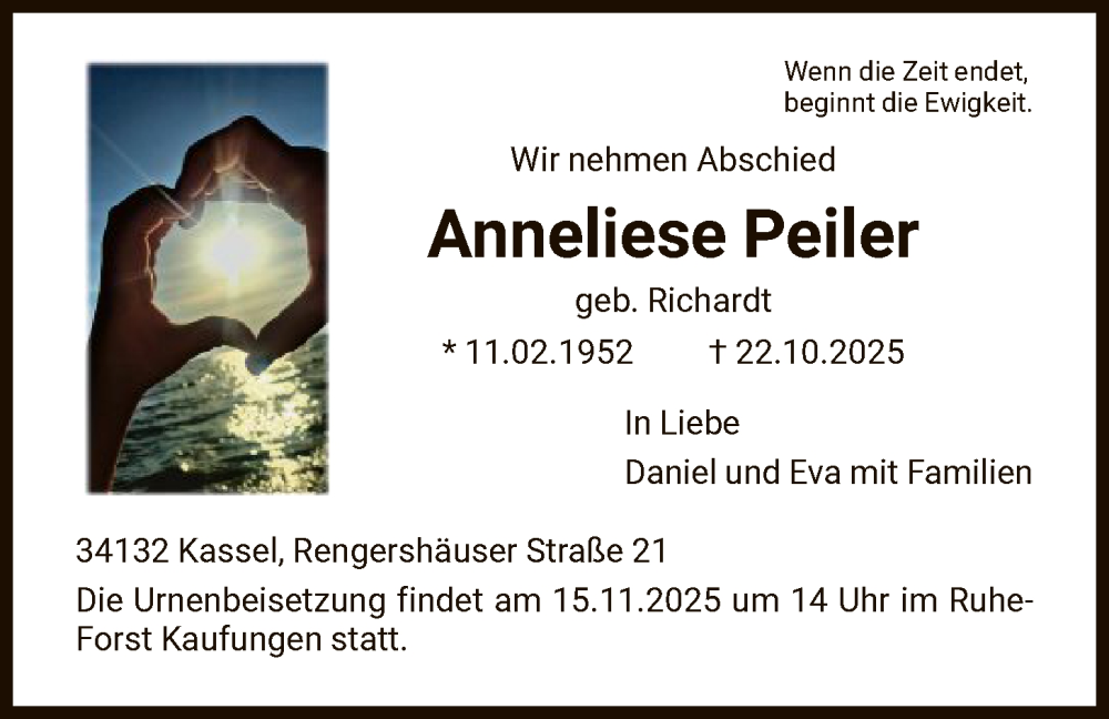  Traueranzeige für Anneliese Peiler vom 08.11.2025 aus HNAHNAHNA