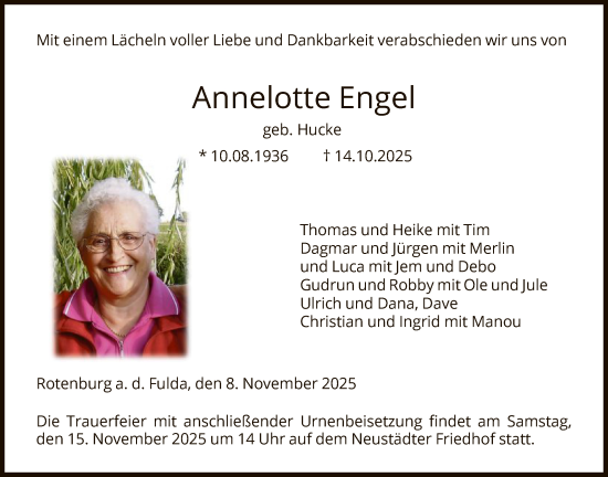 Traueranzeige von Annelotte Engel von HNA