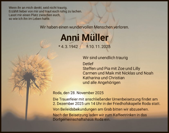 Traueranzeige von Anni Müller von HNA