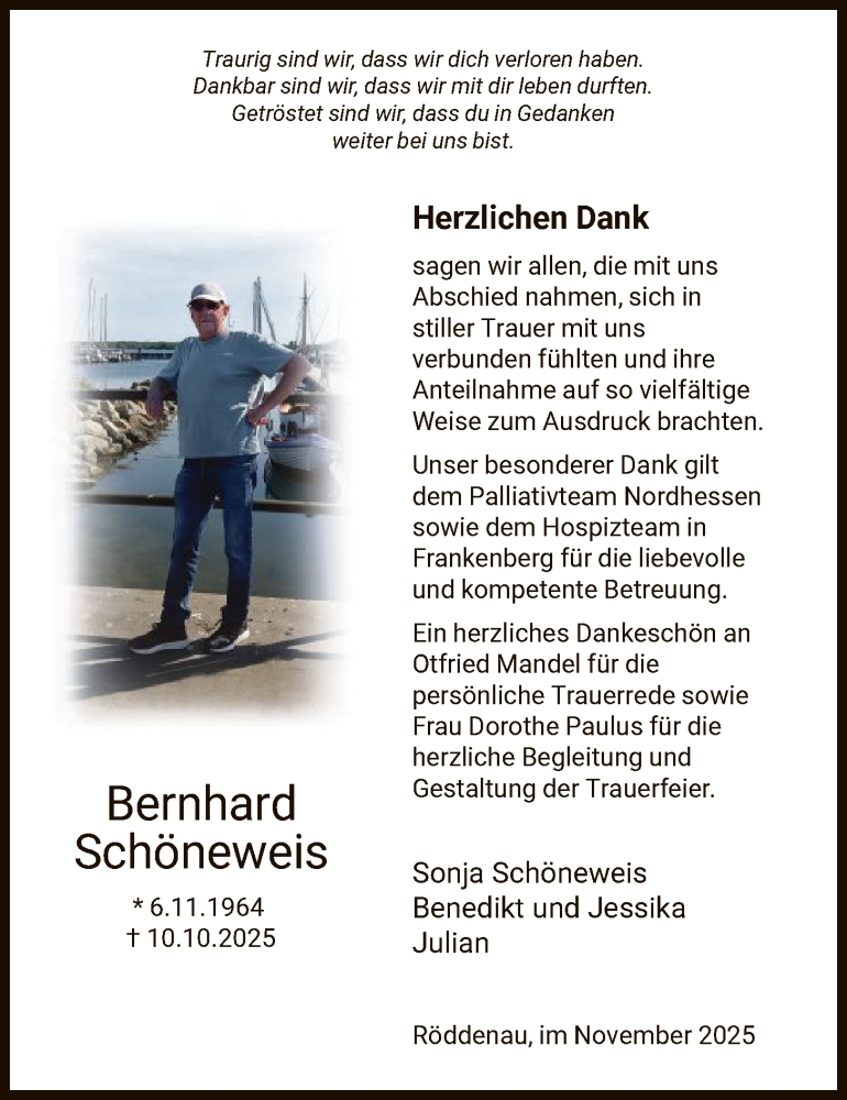  Traueranzeige für Bernhard Schöneweis vom 21.11.2025 aus HNA