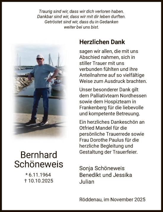 Traueranzeige von Bernhard Schöneweis von HNA