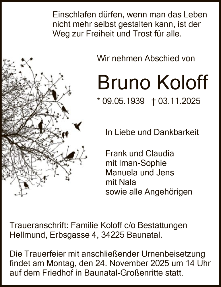  Traueranzeige für Bruno Koloff vom 21.11.2025 aus HNA