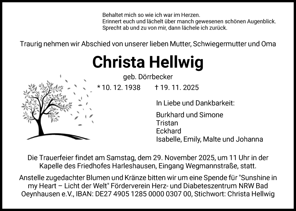 Traueranzeige für Christa Hellwig vom 22.11.2025 aus HNA